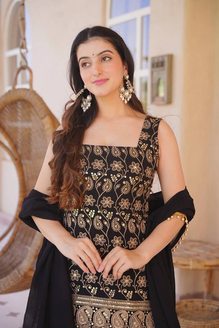 Deep Ruby Floral-Embroidered Silk Set